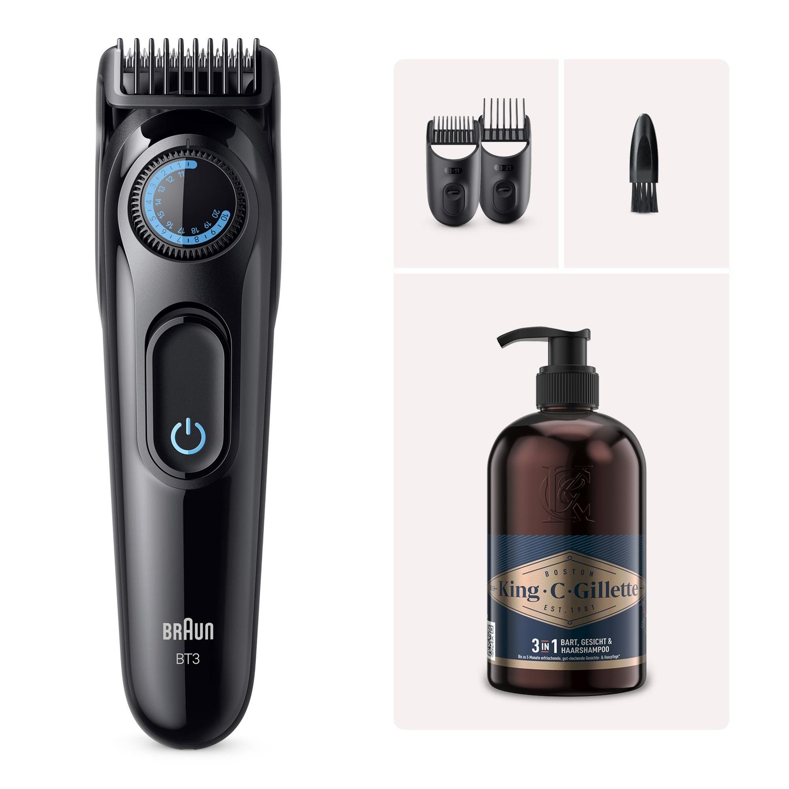 Braun Bundle: Series 3 Barttrimmer BT3520 + King C. Gilette Bartshampoo 350ml: retailer-supplied image