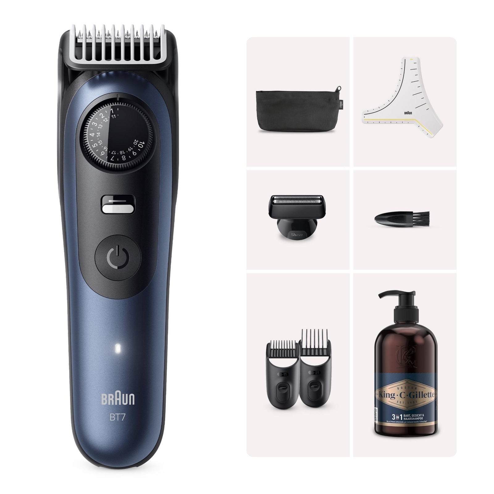Braun Bundle: Series 7 Barttrimmer BT7520 + King C. Gilette Bartshampoo 350ml: retailer-supplied image