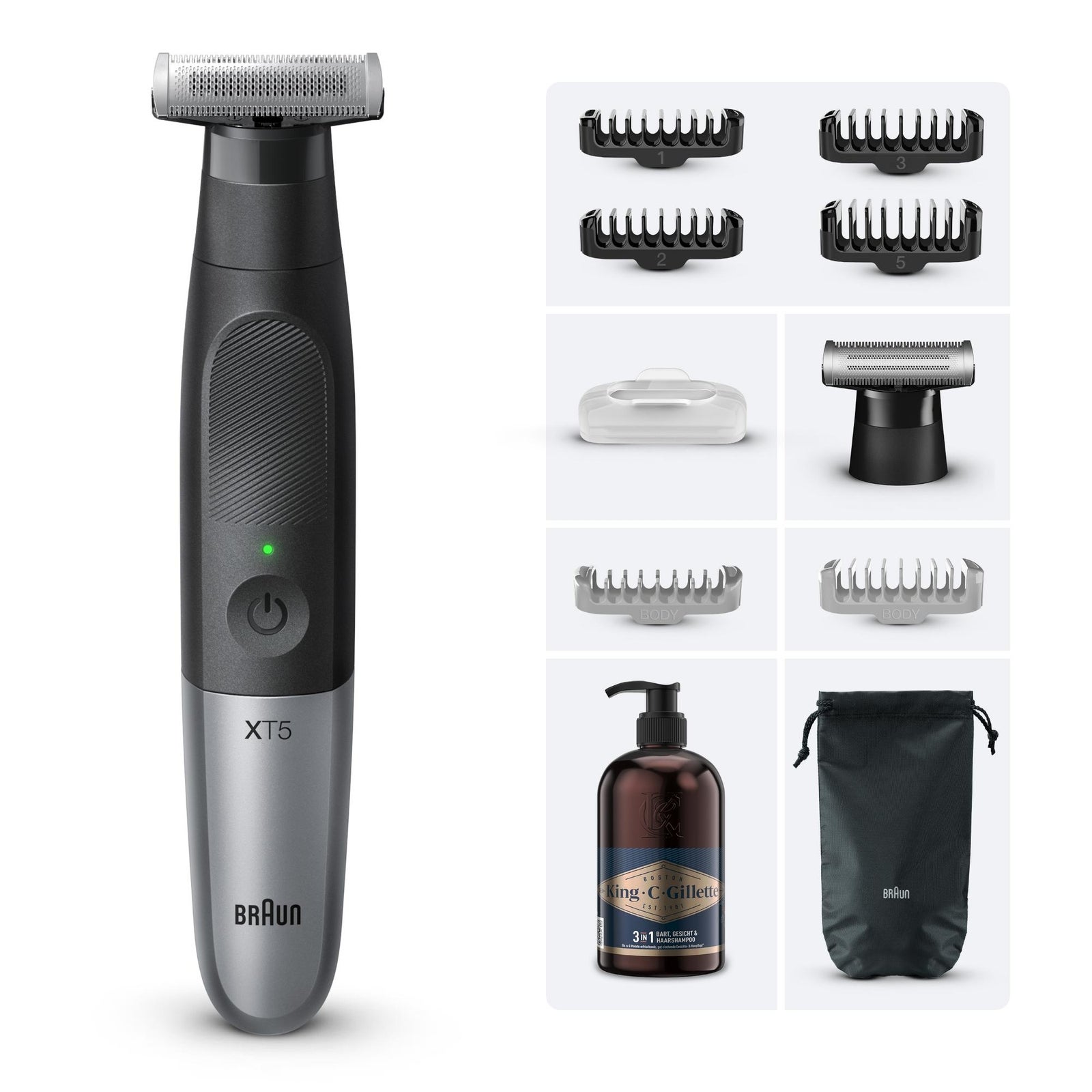 Braun Bundle: Series XT5200 Face+Body+Travel + Braun Series X Scherteil XT20 + King C. Gillette Bartshampoo 350 ml: retailer-supplied image