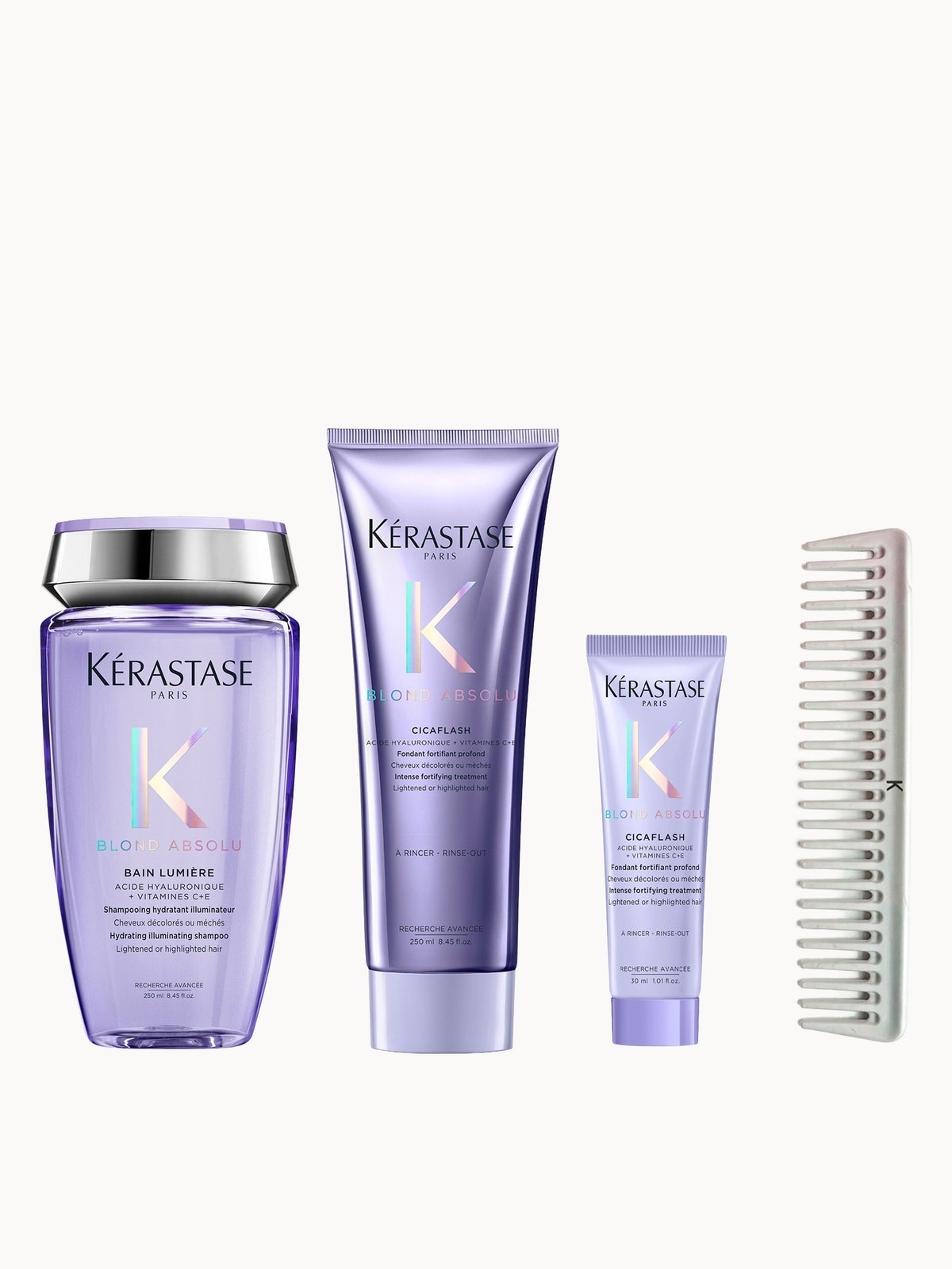 Kerastase Blond Absolu Shampoo & Conditioner with Travel Size Cicaflash & Kerastase Detangler Comb