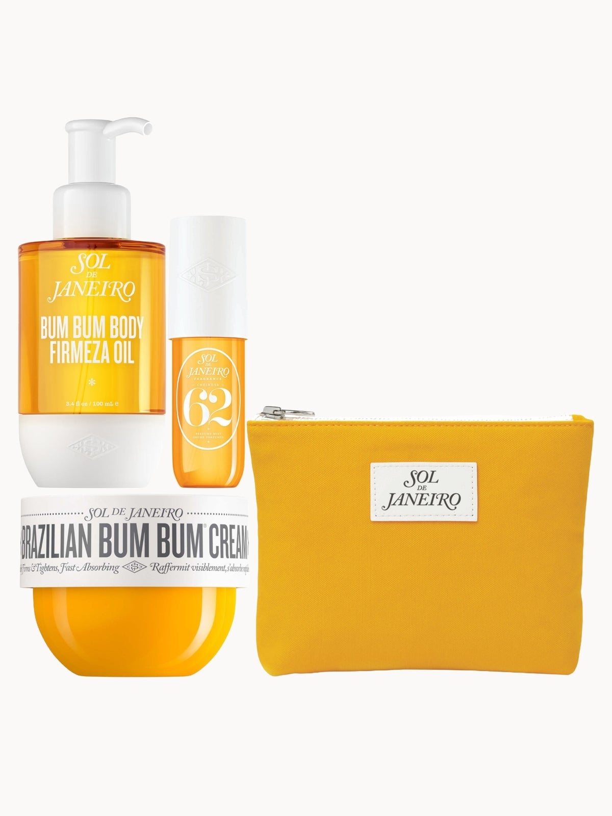 Sol de Janeiro Summer Body Icons Bundle – Bum Bum Cream 75ml, Firmeza Oil 100ml & Cheirosa 62 90ml with Canvas Bag
