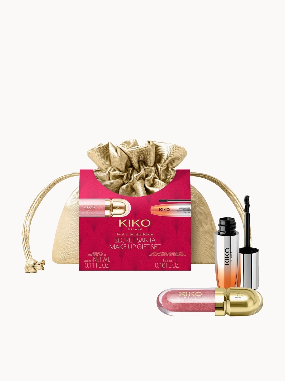 KIKO Milano Twist 'N Twinkle Holiday Secret Santa Make Up Gift Set | Mini ultra-volumising mascara and mini 3D Hydra lip gloss for dramatic lashes and radiant lips, in a mini pouch - Image 3