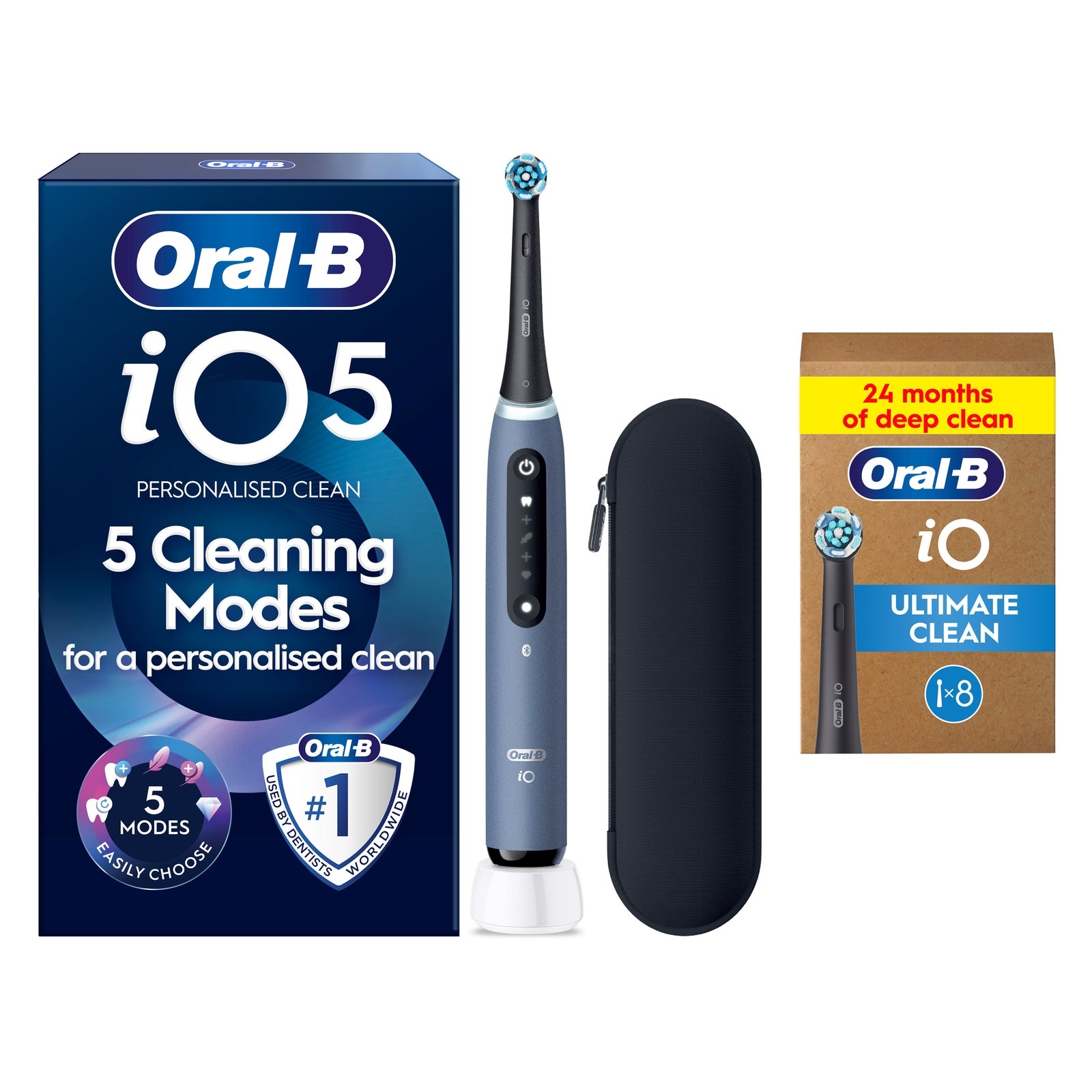 Oral-B iO5 Blue Electric Toothbrush + Zipper Case + 8 Toothbrush Heads: retailer-supplied image