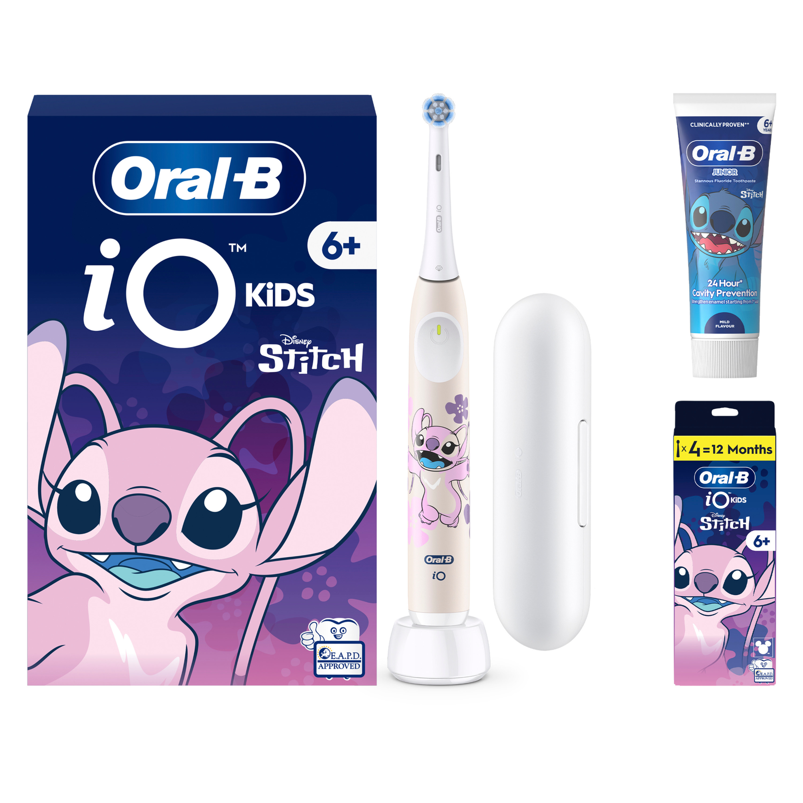 Oral-B iO Kids Disney Angel Electric Toothbrush + Travel Case + 4 Toothbrush Heads + Stitch Toothpaste
