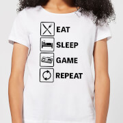 Eat Sleep Game Repeat Womens T Shirt White Xl mens slogan collection kopen in de aanbieding