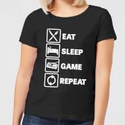 Eat Sleep Game Repeat Womens T Shirt Black Xl mens slogan collection kopen in de aanbieding