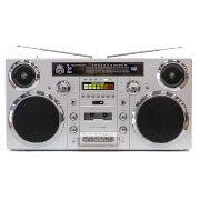 GPO Brooklyn Portable 1980s Retro Style Music System Boombox with CD, Cassette, DAB Radio & Bluetooth - Silver