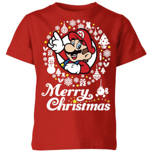 Nintendo Super Mario Merry Christmas White Wreath Kid's T-Shirt - Red