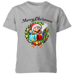 Nintendo Super Mario Merry Christmas Hat Present Kid's T-Shirt - Grey