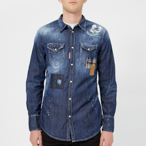 Dsquared2 Men's Patch Bleached Light Wash Western Shirt - Blue
