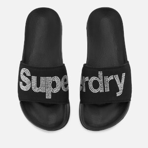 Superdry Women's Pool Slide Sandals - Black/Silver Rhinestone