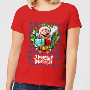 Nintendo Super Mario Happy Holidays Mario Women's Christmas T-Shirt - Red