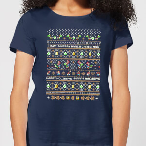 Nintendo Super Mario Yoshi Have A Merry Mario Christmas Women's T-Shirt - Navy
