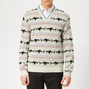 Lanvin Men's Shark Jacquard V Neck Jumper - White/Red