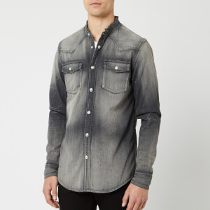 Balmain Men's Embroidered Logo Used Denim Shirt - Gris