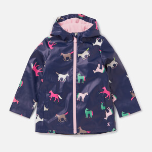 Joules Girls' Raindance Showerproof Rubber Coat - Navy Horses