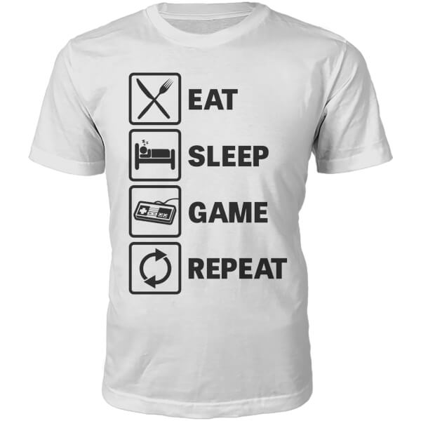 The Slogan Collection Eat Sleep Game Repeat Slogan T-Shirt - White - M - White | adult