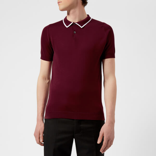 John Smedley Men's Klerk 30 Gauge Sea Island Cotton Polo Shirt - Burgundy Grain/White - Free UK 