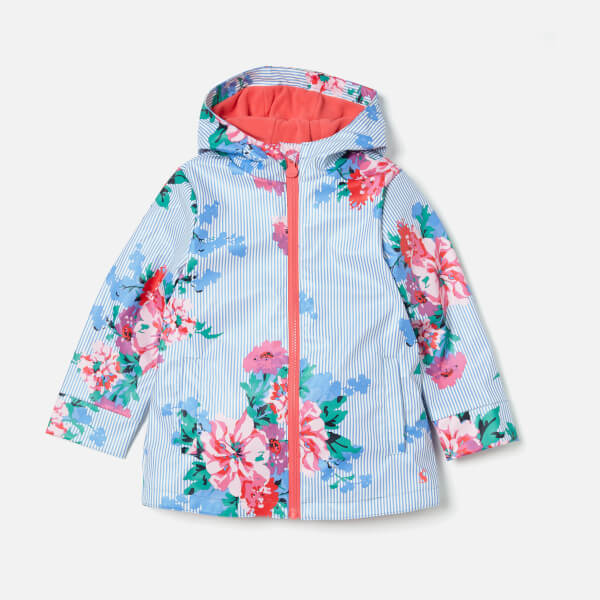 Joules Girls' Raindance Waterproof Coat - Sky Blue Stripe Floral ...