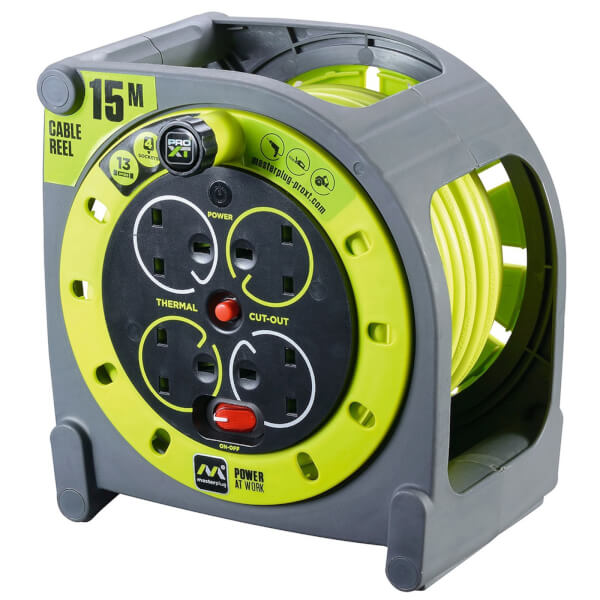 Masterplug Pro XT 4 Socket Cable Reel 15m Green/Grey Homebase