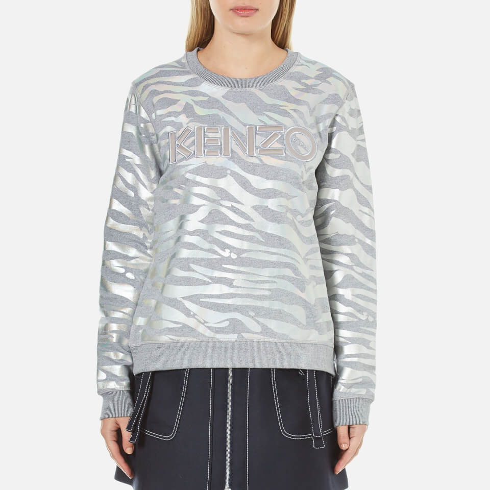 KENZO Women's Iridescent Tiger Print Jumper Pearl Grey Free UK Delivery over £50