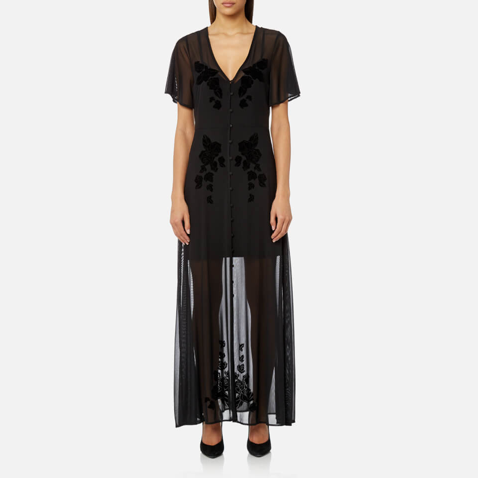 flocked mesh maxi dress