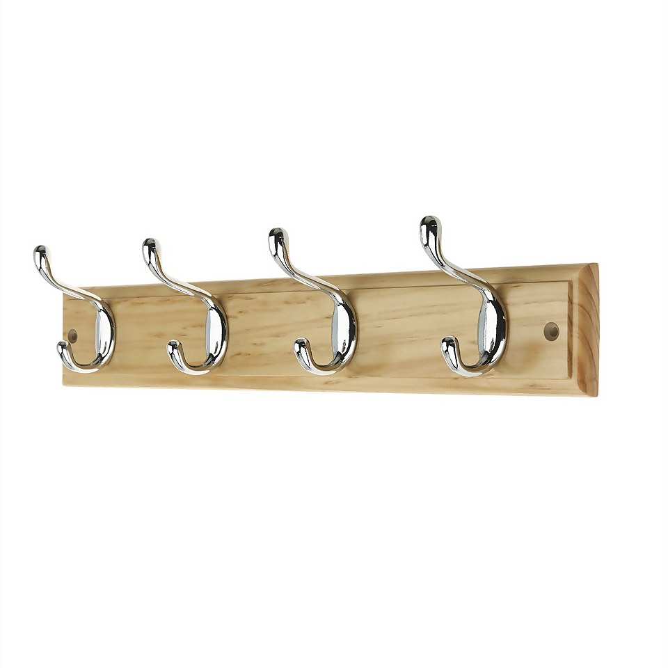 4 Coat Polished Chrome Hooks on Pine Stepped Board Homebase