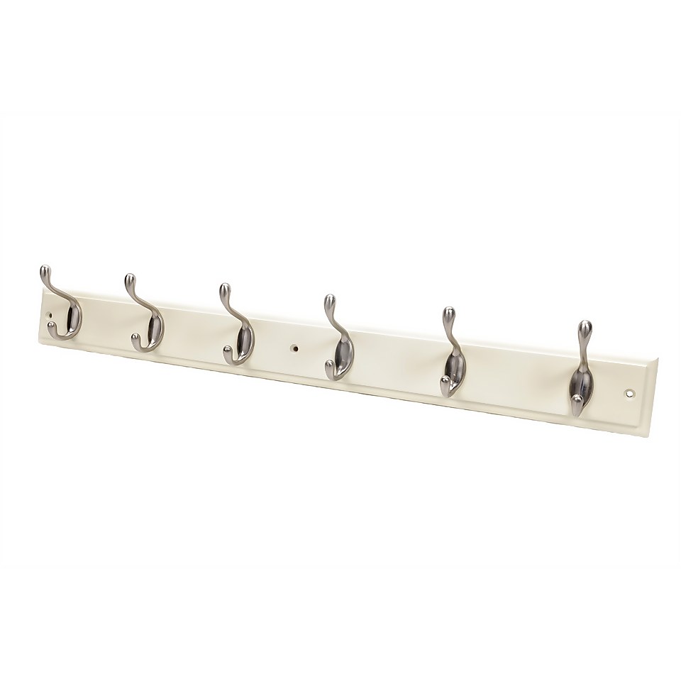 6 Coat Satin Nickel Hooks on Cream Stepped Board Homebase