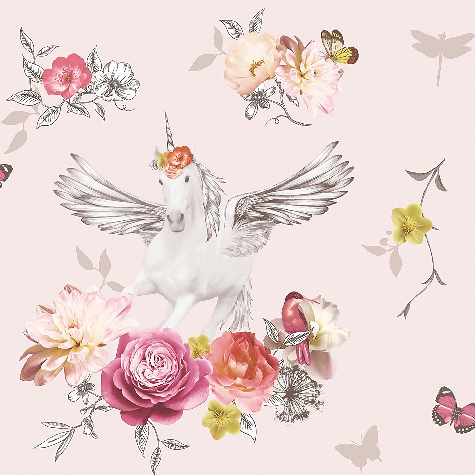 Arthouse Anastasia Floral Unicorn Smooth Glitter Pink Wallpaper Homebase